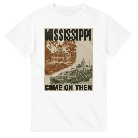Two-colour scenic illustration for Mississippi, with the place name and COME ON THEN lettering.