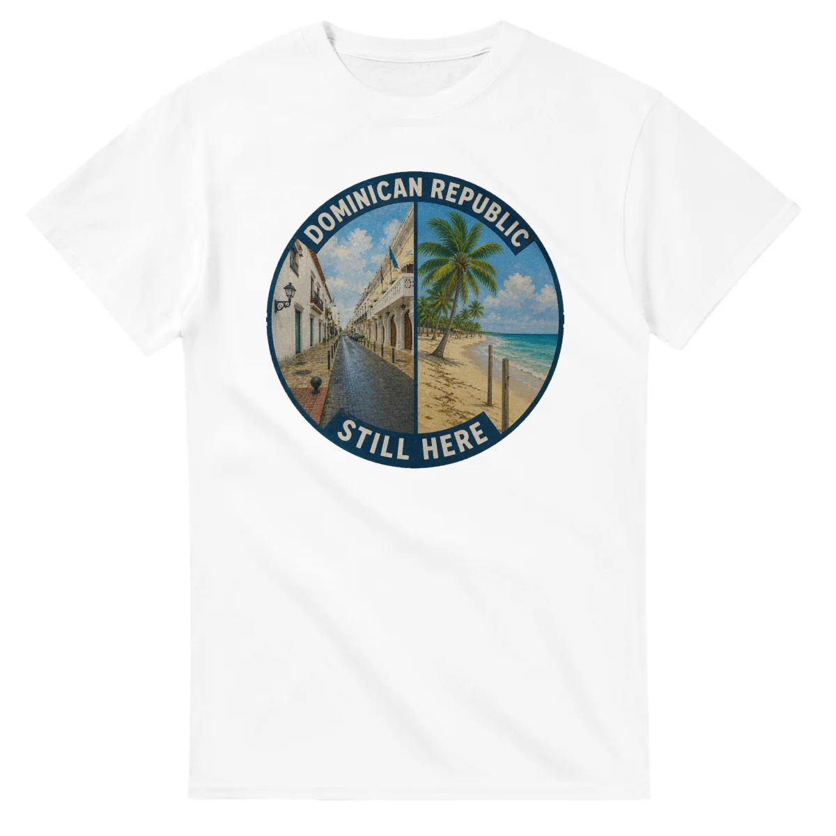 Painted, panelled scenic illustration for Dominican Republic, with paired local scenes and the place name in lettering.