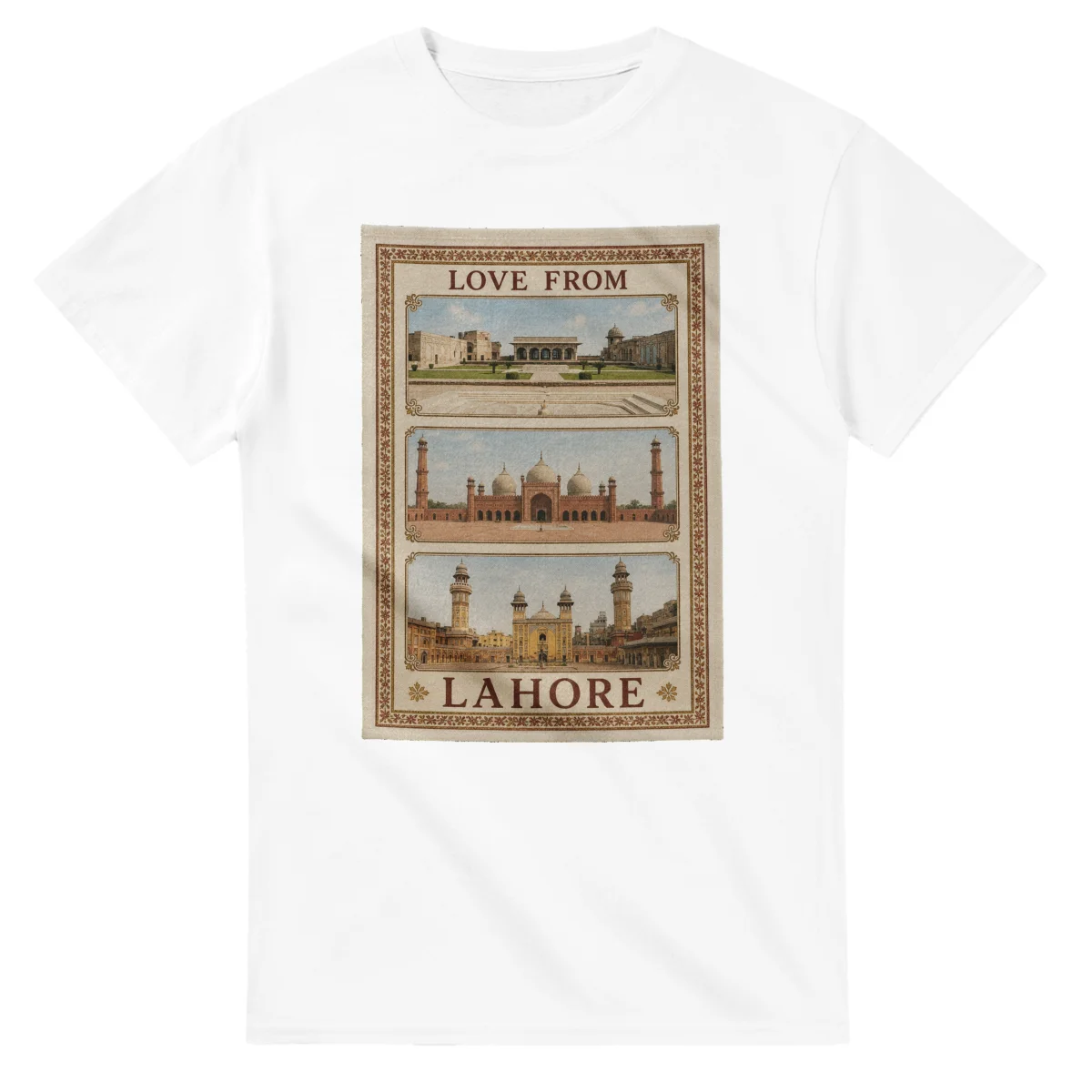 Framed scenic design for Lahore, with several local views, a decorative border and LOVE FROM lettering.