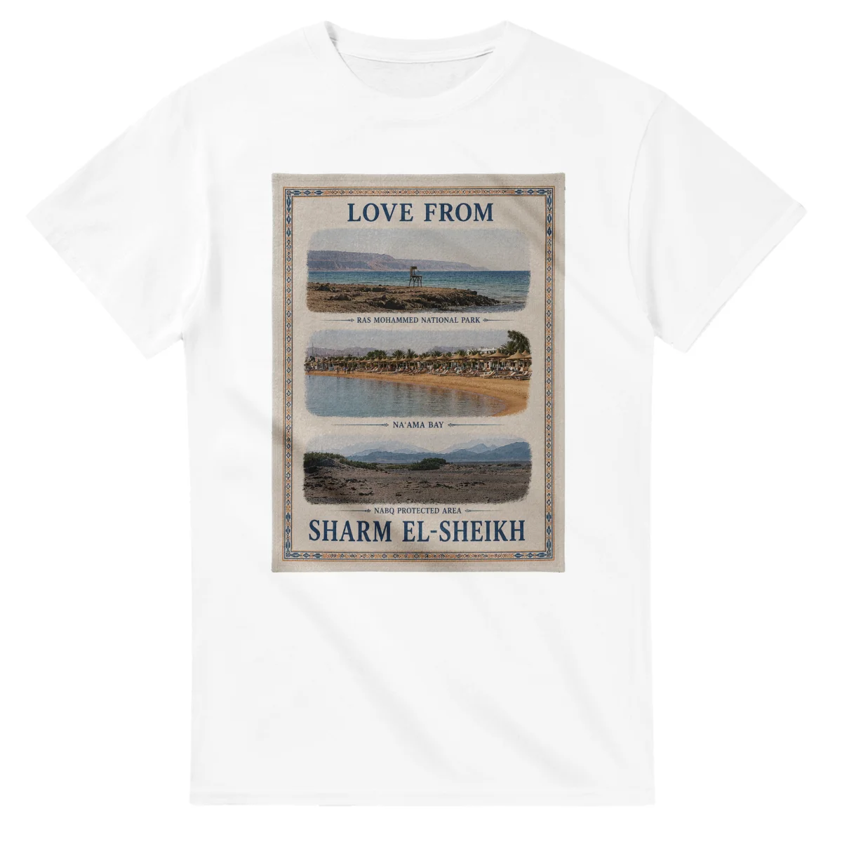 Framed scenic design for Sharm el-Sheikh, with several local views, a decorative border and LOVE FROM lettering.
