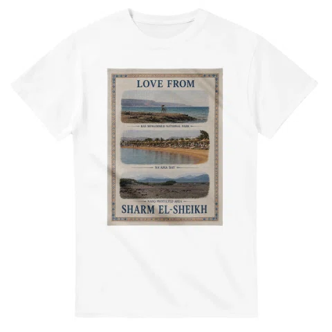 Framed scenic design for Sharm el-Sheikh, with several local views, a decorative border and LOVE FROM lettering.