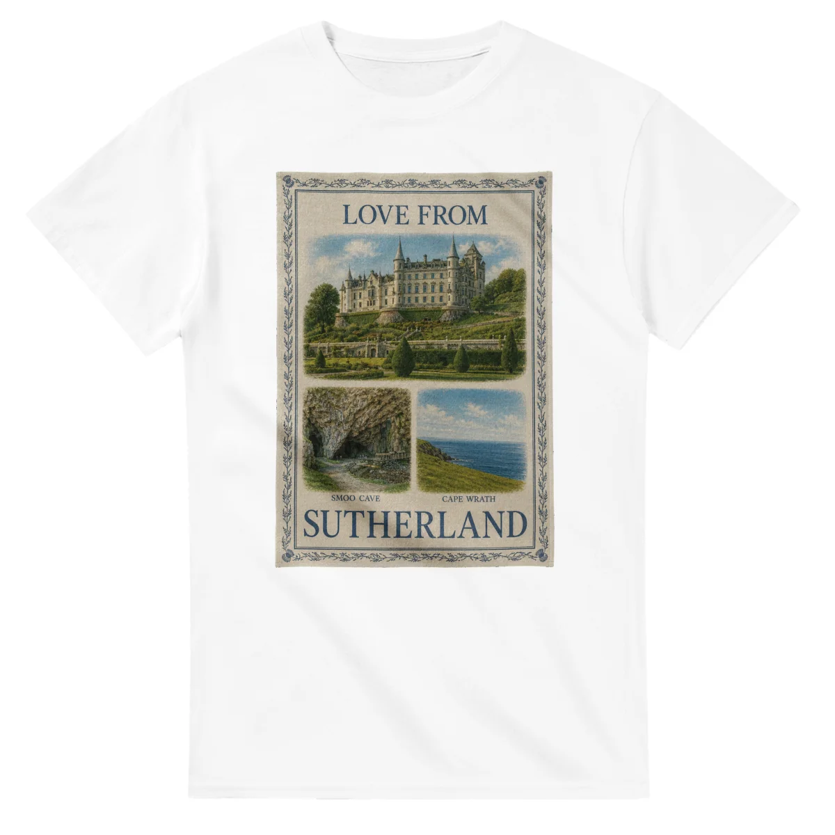 Framed scenic design for Sutherland, with several local views, a decorative border and LOVE FROM lettering.