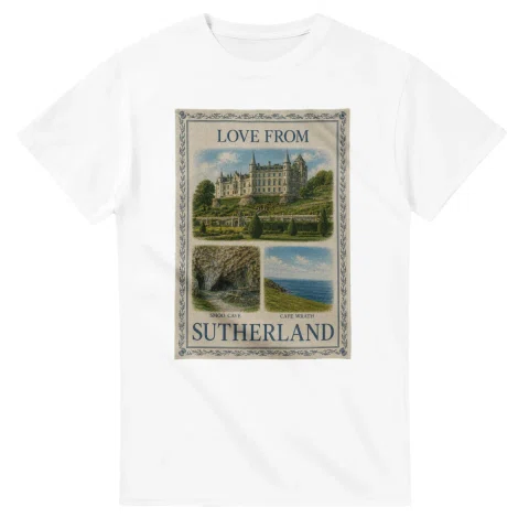 Framed scenic design for Sutherland, with several local views, a decorative border and LOVE FROM lettering.