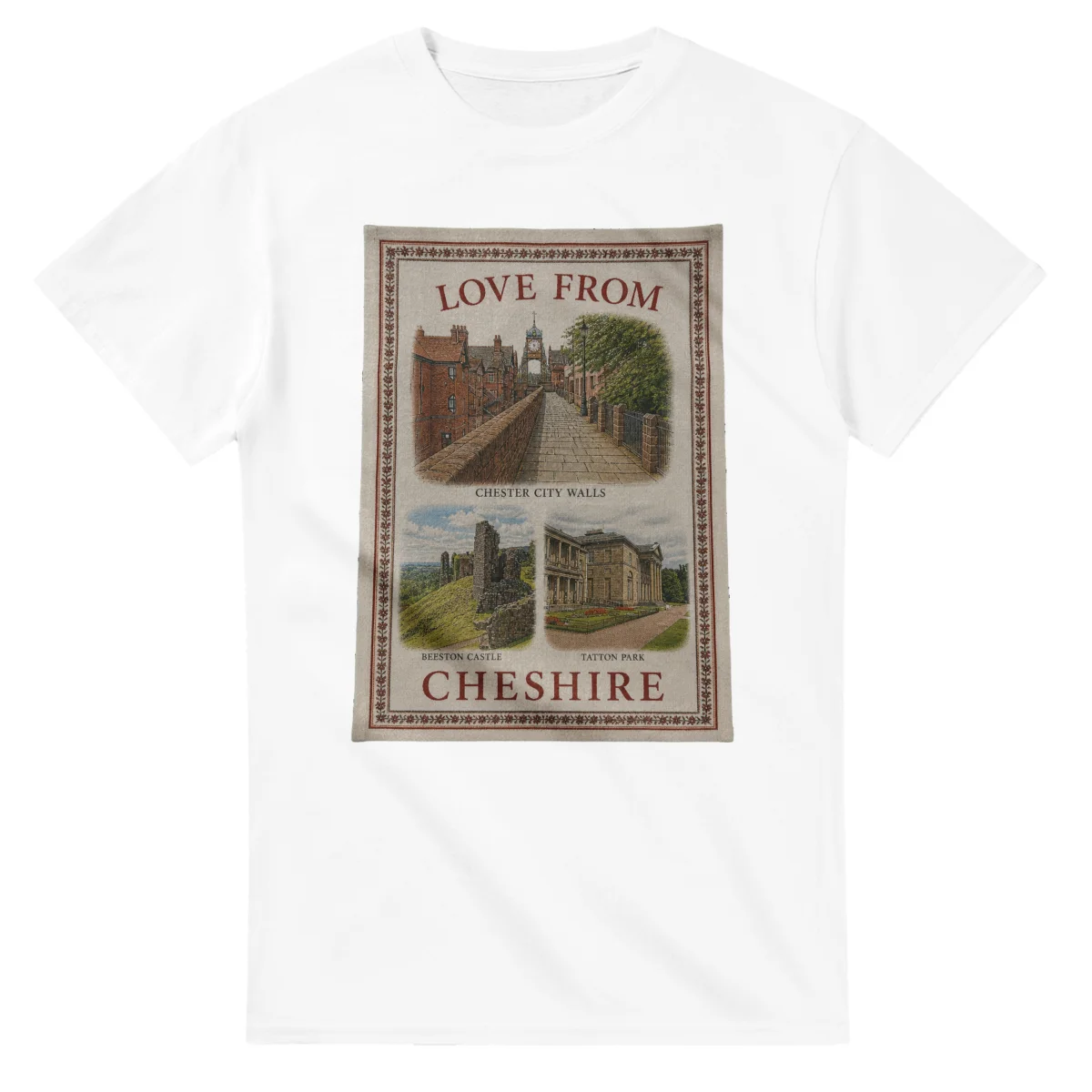 Framed scenic design for Cheshire, with several local views, a decorative border and LOVE FROM lettering.