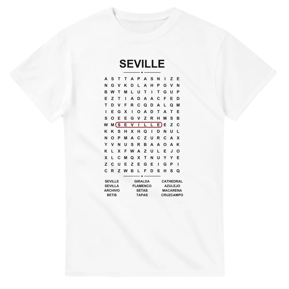 Word-search sheet for Seville, with a large place-name heading, a letter grid, a local answer list, and a red highlighted example word.