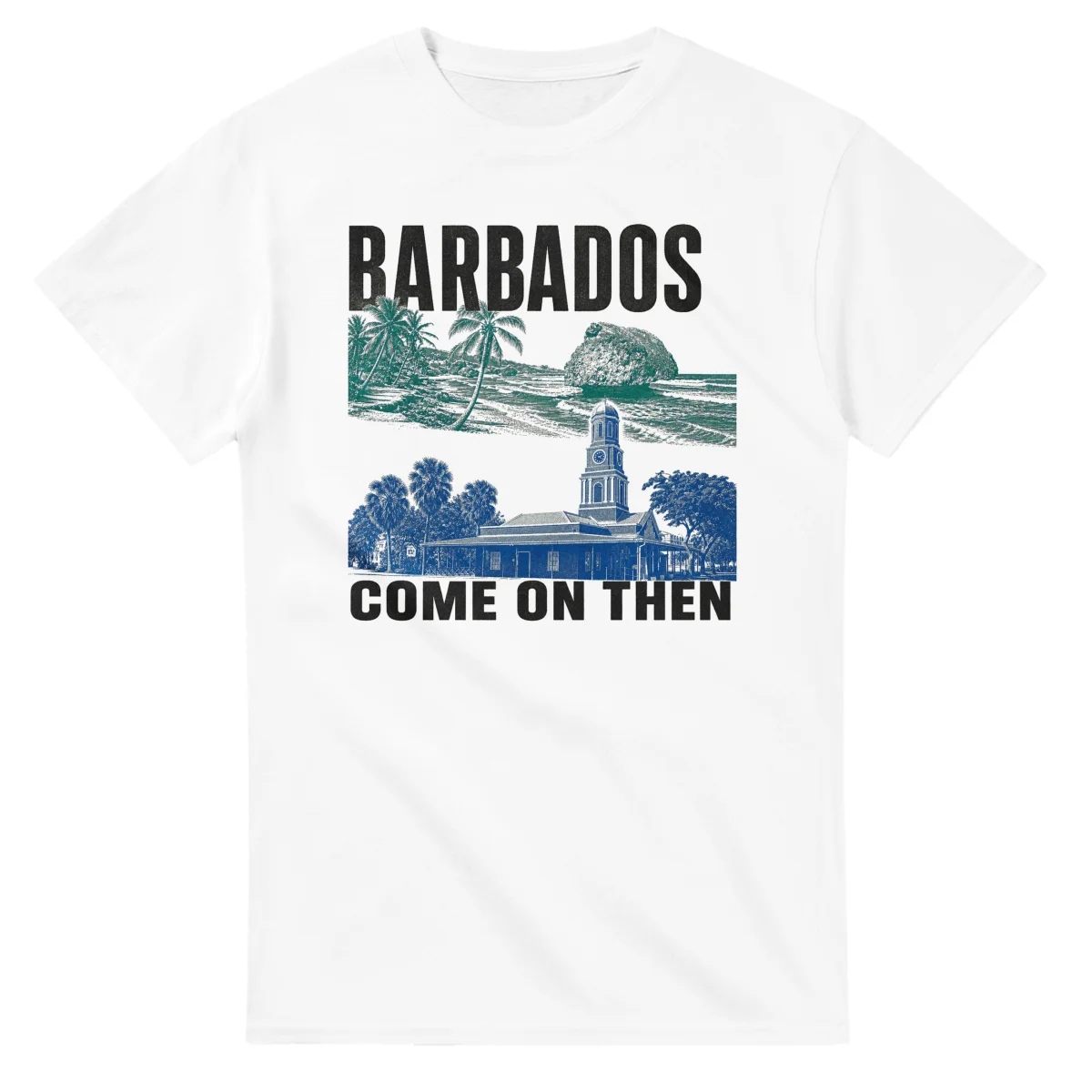 Two-colour scenic illustration for Barbados, with the place name and COME ON THEN lettering.