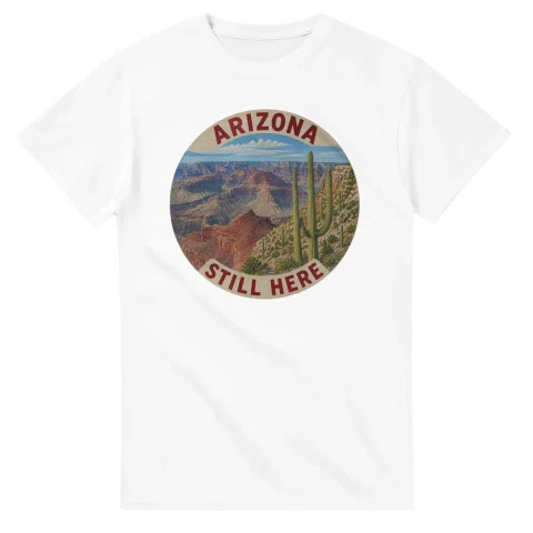 Painted, panelled scenic illustration for Arizona, with paired local scenes and the place name in lettering.
