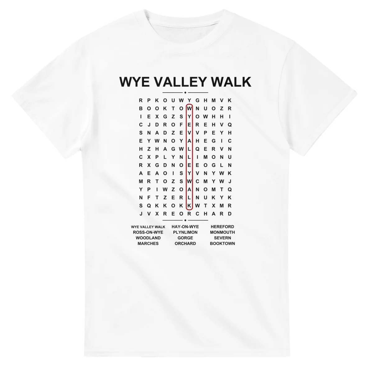 Word-search sheet for Wye Valley Walk, with a large place-name heading, a letter grid, a local answer list, and a red highlighted example word.