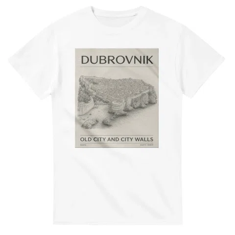 Fine-line engraving-style drawing for Dubrovnik, with a landmark caption and small coordinate text.