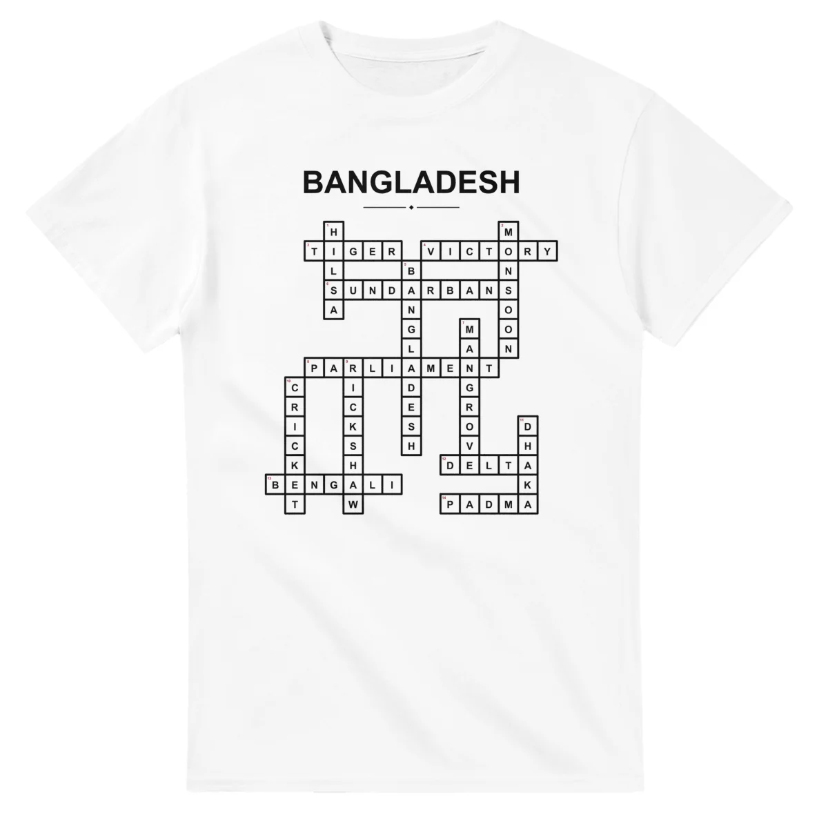 Monochrome crossword sheet for Bangladesh, with a large place-name heading, a letter grid, and numbered across and down clues.