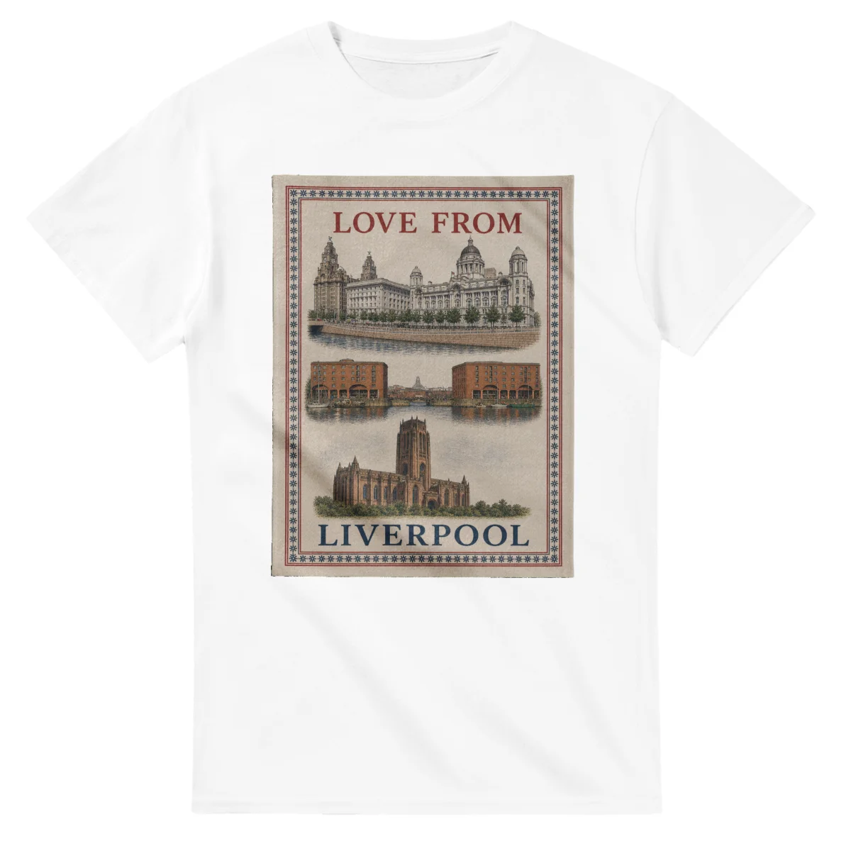 Framed scenic design for Liverpool, with several local views, a decorative border and LOVE FROM lettering.