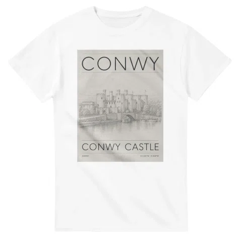 Fine-line engraving-style drawing for Conwy, with a landmark caption and small coordinate text.