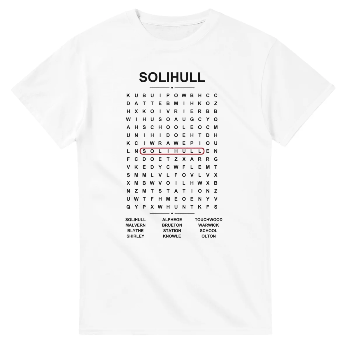 Word-search sheet for Solihull, with a large place-name heading, a letter grid, a local answer list, and a red highlighted example word.