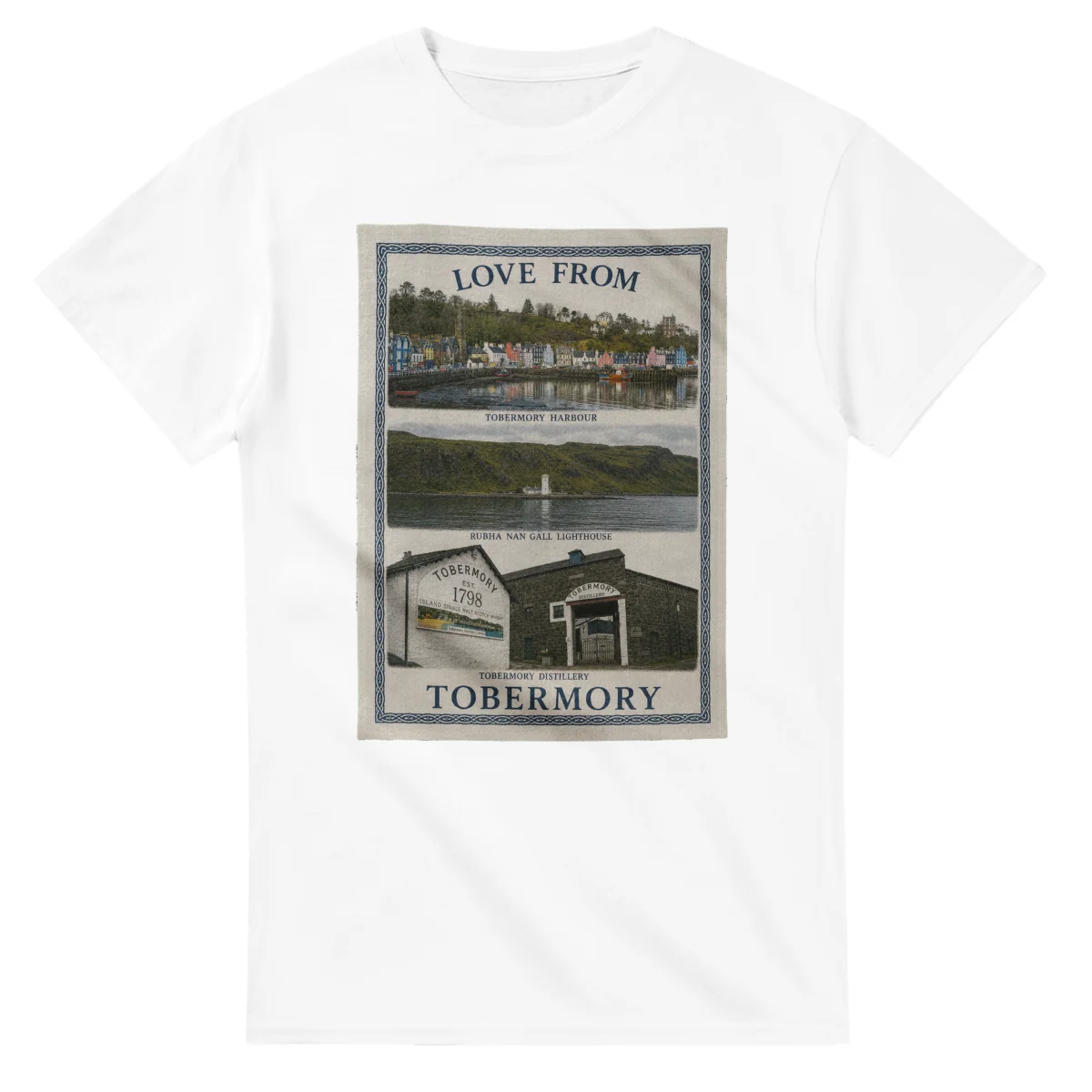 Framed scenic design for Tobermory, with several local views, a decorative border and LOVE FROM lettering.