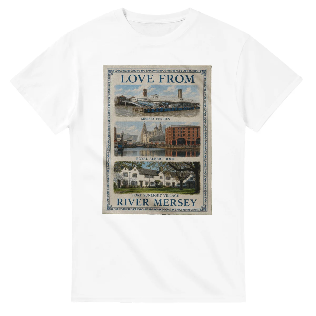 Framed scenic design for River Mersey, with several local views, a decorative border and LOVE FROM lettering.