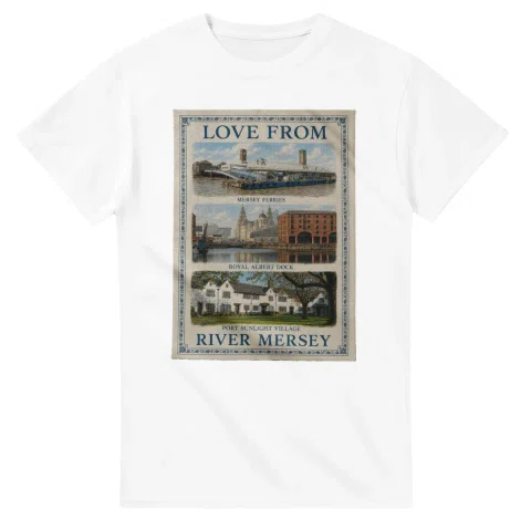 Framed scenic design for River Mersey, with several local views, a decorative border and LOVE FROM lettering.