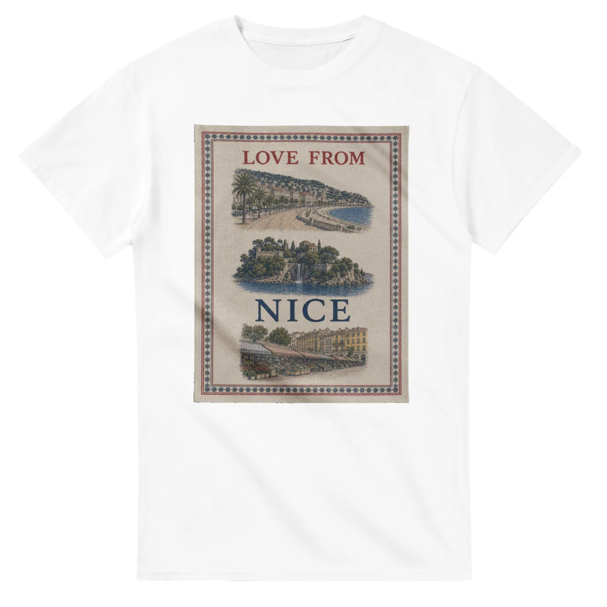 Framed scenic design for Nice, with several local views, a decorative border and LOVE FROM lettering.