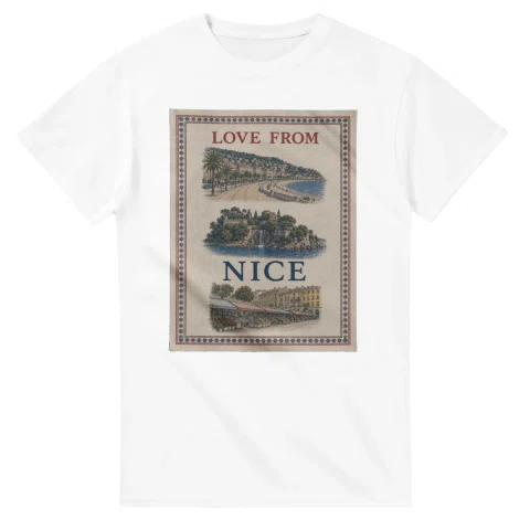 Framed scenic design for Nice, with several local views, a decorative border and LOVE FROM lettering.