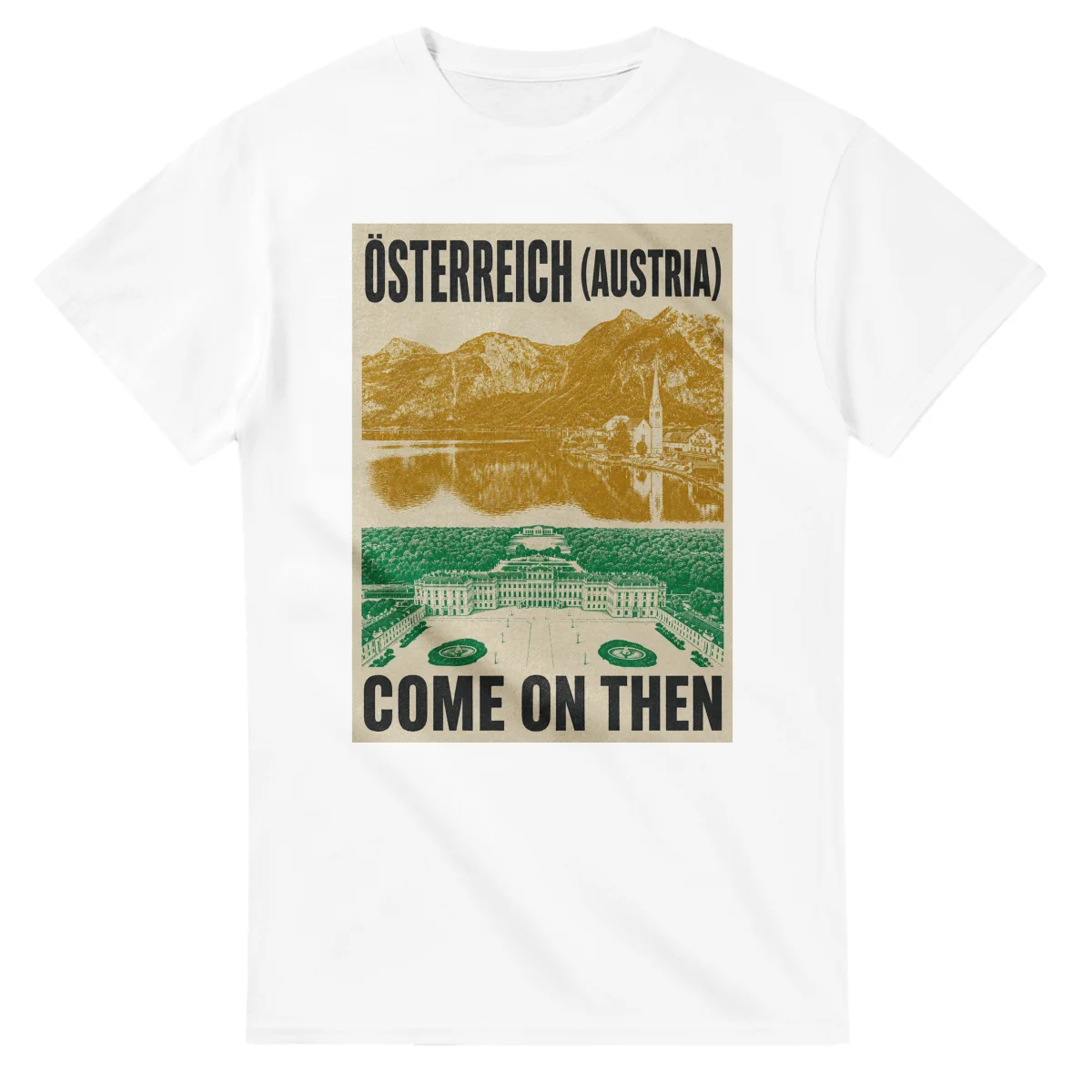 Two-colour scenic illustration for Österreich (Austria), with the place name and COME ON THEN lettering.