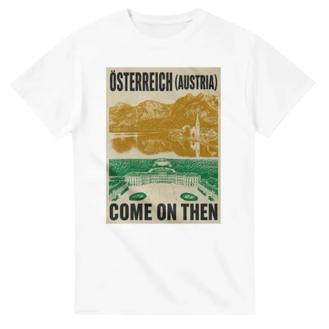 Two-colour scenic illustration for Österreich (Austria), with the place name and COME ON THEN lettering.
