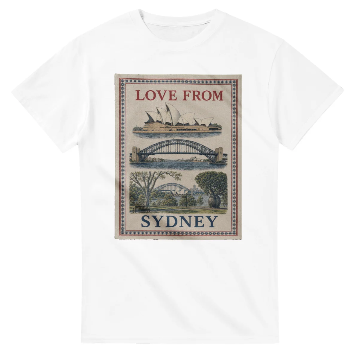 Framed scenic design for Sydney, with several local views, a decorative border and LOVE FROM lettering.
