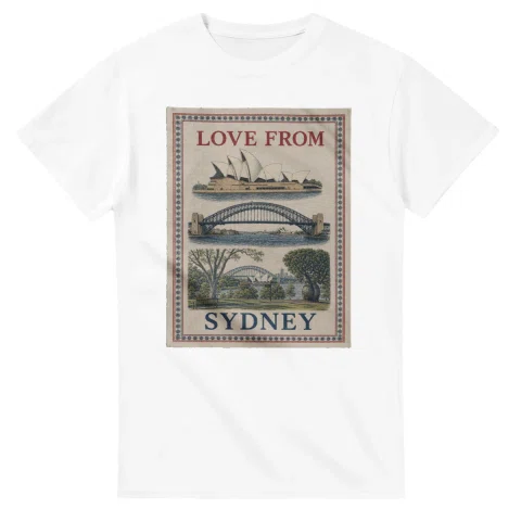 Framed scenic design for Sydney, with several local views, a decorative border and LOVE FROM lettering.