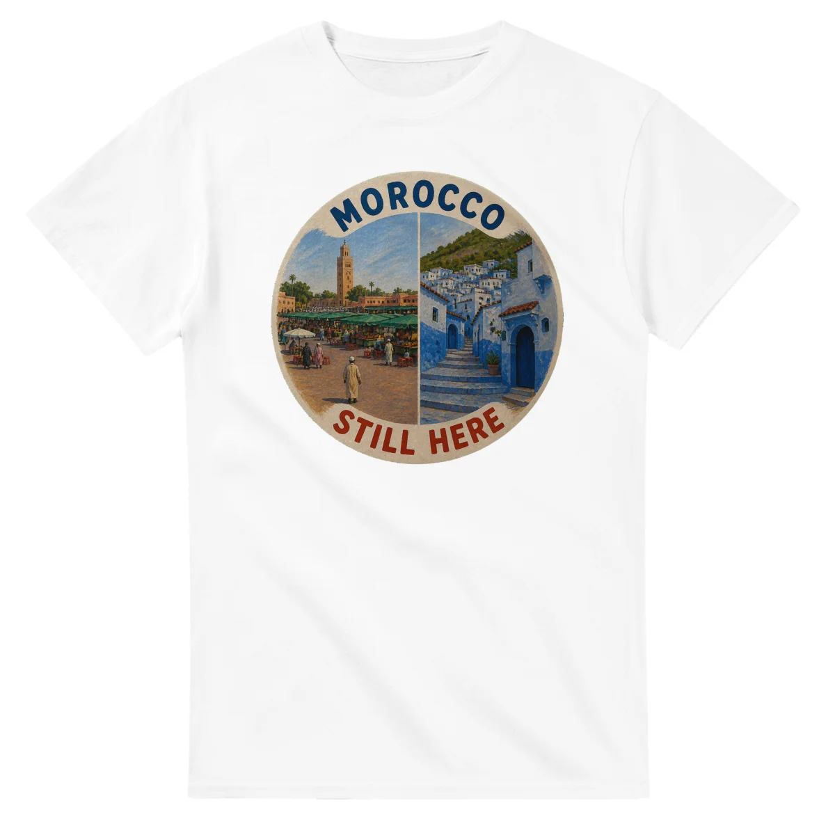 Painted, panelled scenic illustration for Morocco, with paired local scenes and the place name in lettering.
