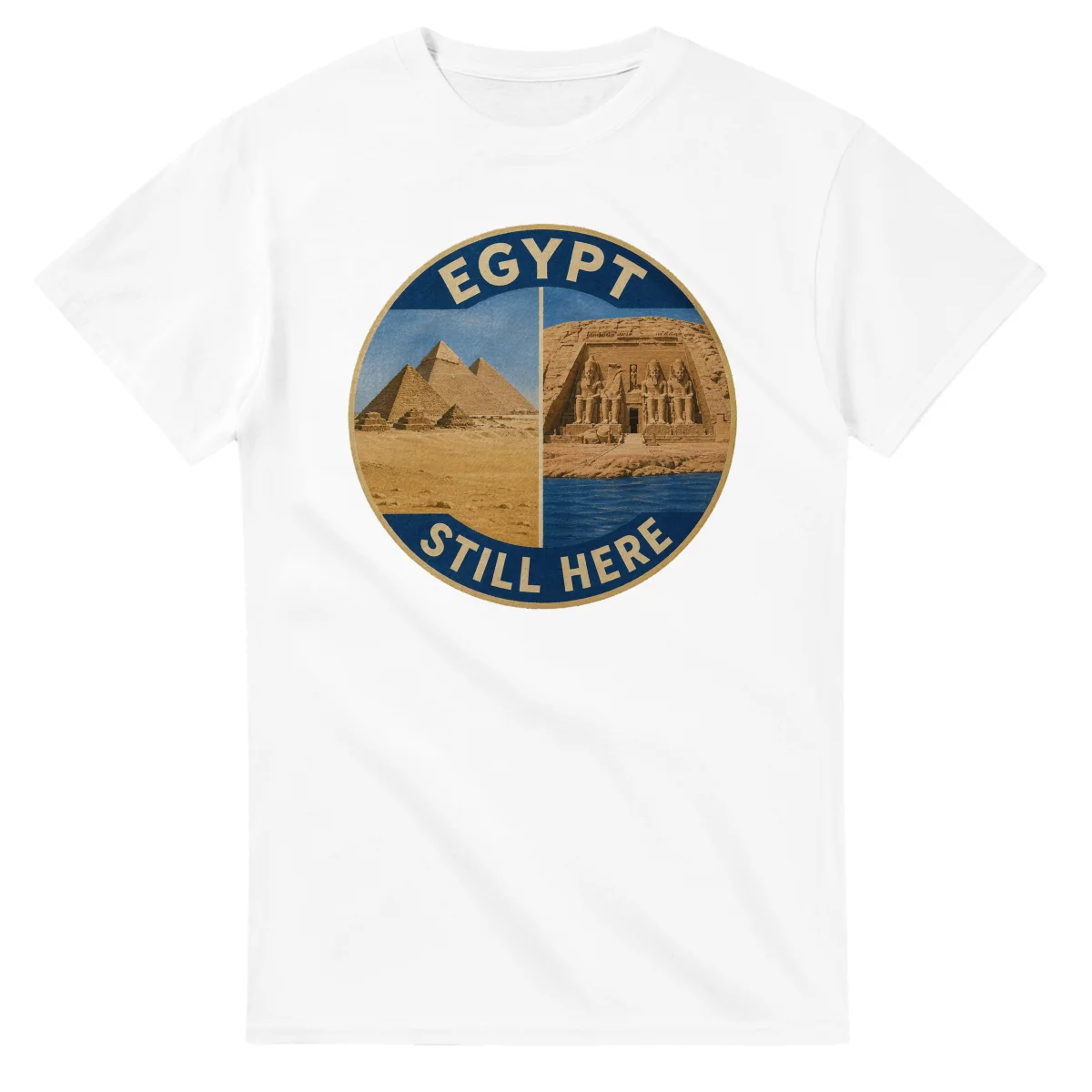 Painted, panelled scenic illustration for Egypt, with paired local scenes and the place name in lettering.