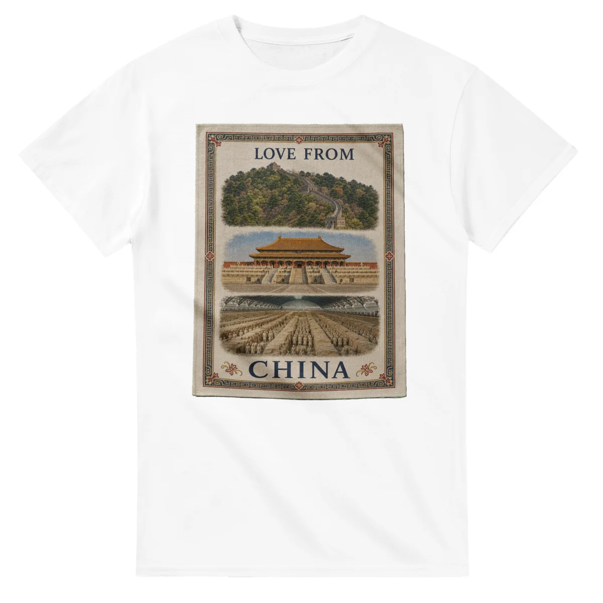 Framed scenic design for China, with several local views, a decorative border and LOVE FROM lettering.
