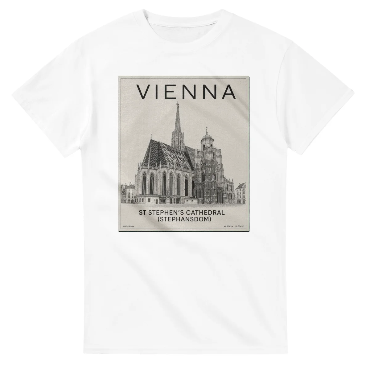 Fine-line engraving-style drawing for Vienna, with a landmark caption and small coordinate text.
