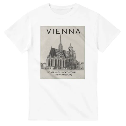 Fine-line engraving-style drawing for Vienna, with a landmark caption and small coordinate text.