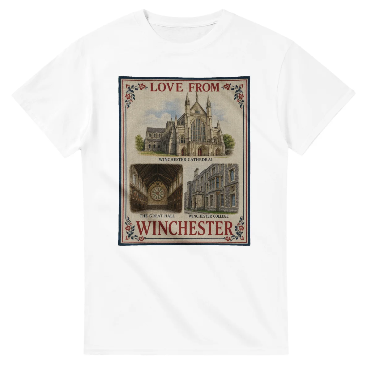 Framed scenic design for Winchester, with several local views, a decorative border and LOVE FROM lettering.