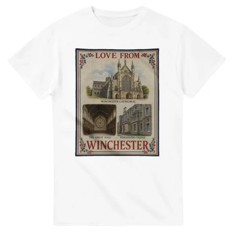 Framed scenic design for Winchester, with several local views, a decorative border and LOVE FROM lettering.