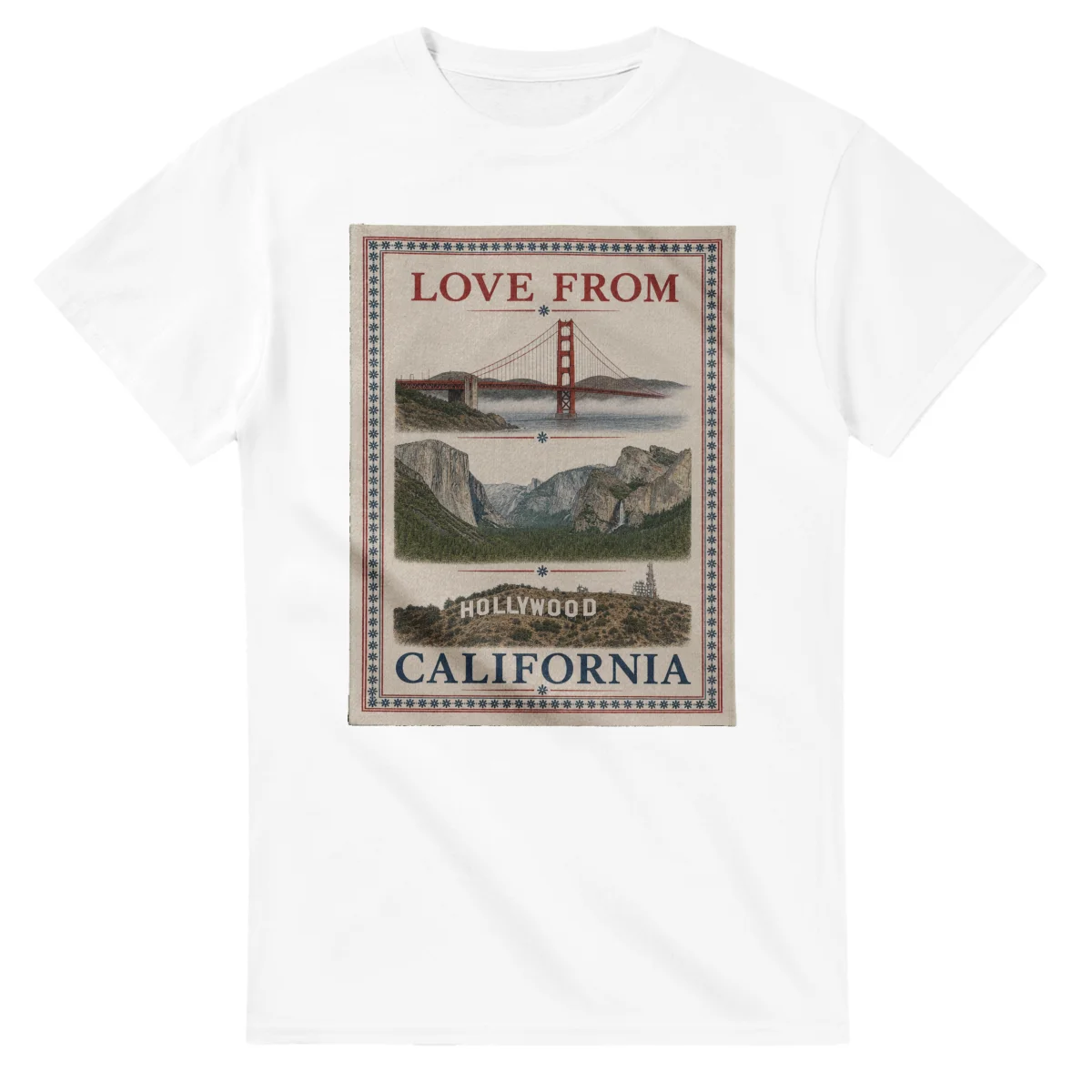 Framed scenic design for California, with several local views, a decorative border and LOVE FROM lettering.