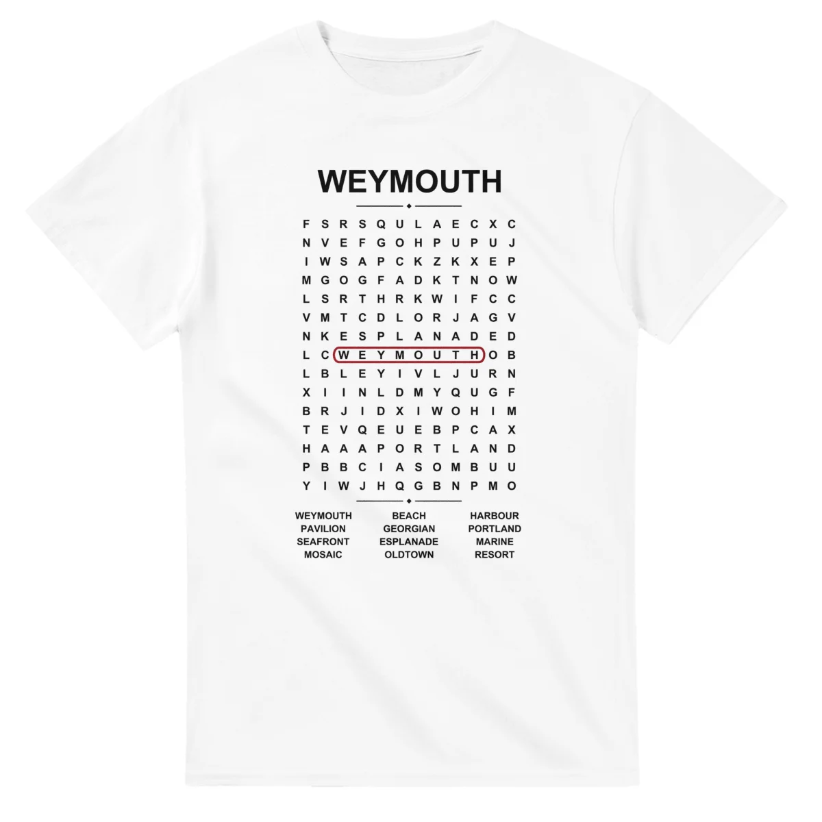 Word-search sheet for Weymouth, with a large place-name heading, a letter grid, a local answer list, and a red highlighted example word.