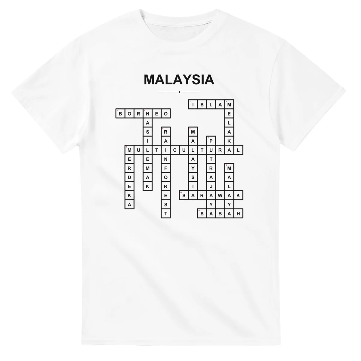 Monochrome crossword sheet for Malaysia, with a large place-name heading, a letter grid, and numbered across and down clues.