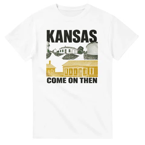 Two-colour scenic illustration for Kansas, with the place name and COME ON THEN lettering.