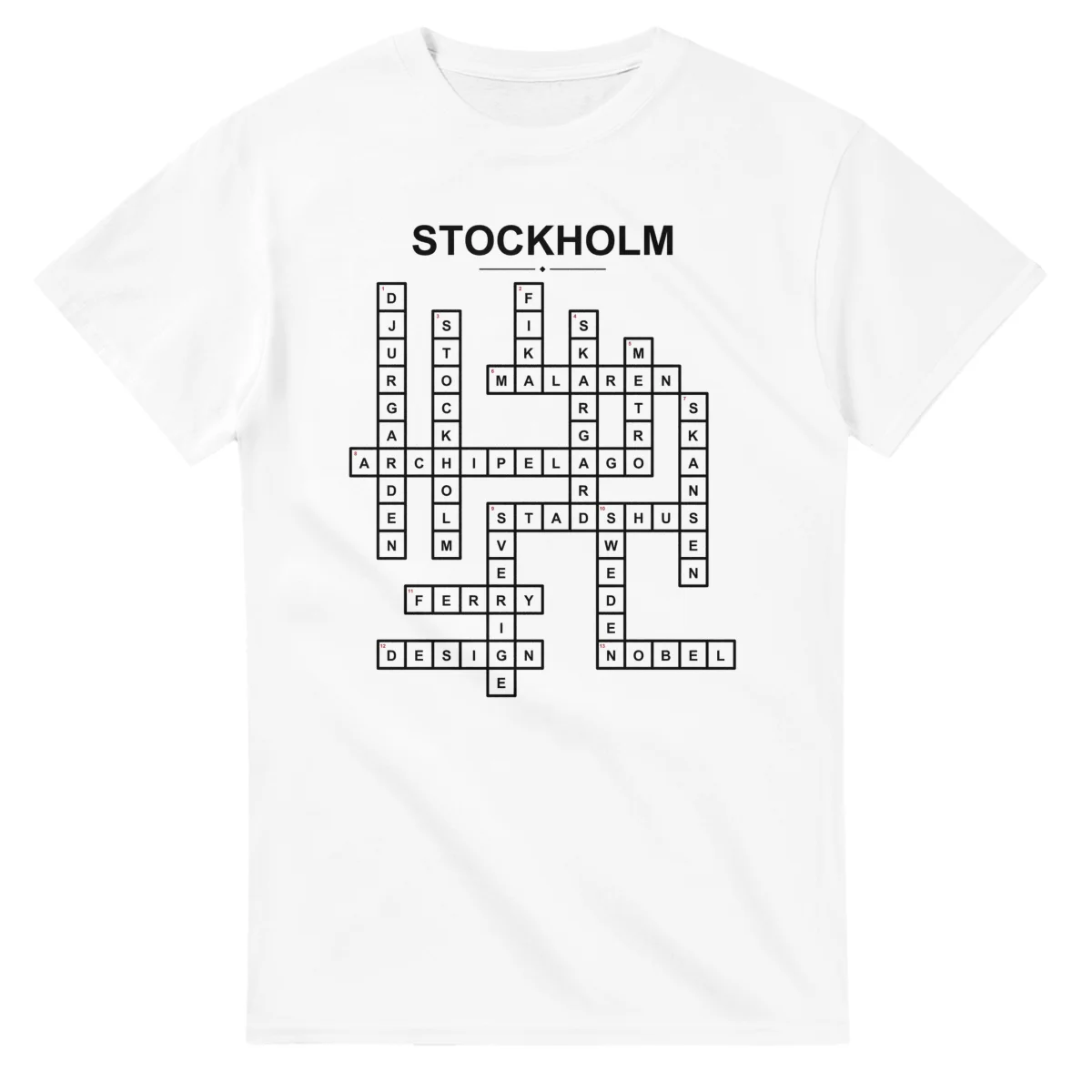 Monochrome crossword sheet for Stockholm, with a large place-name heading, a letter grid, and numbered across and down clues.