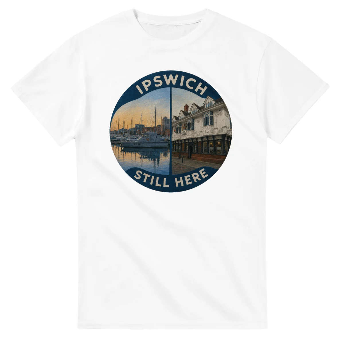 Painted, panelled scenic illustration for Ipswich, with paired local scenes and the place name in lettering.