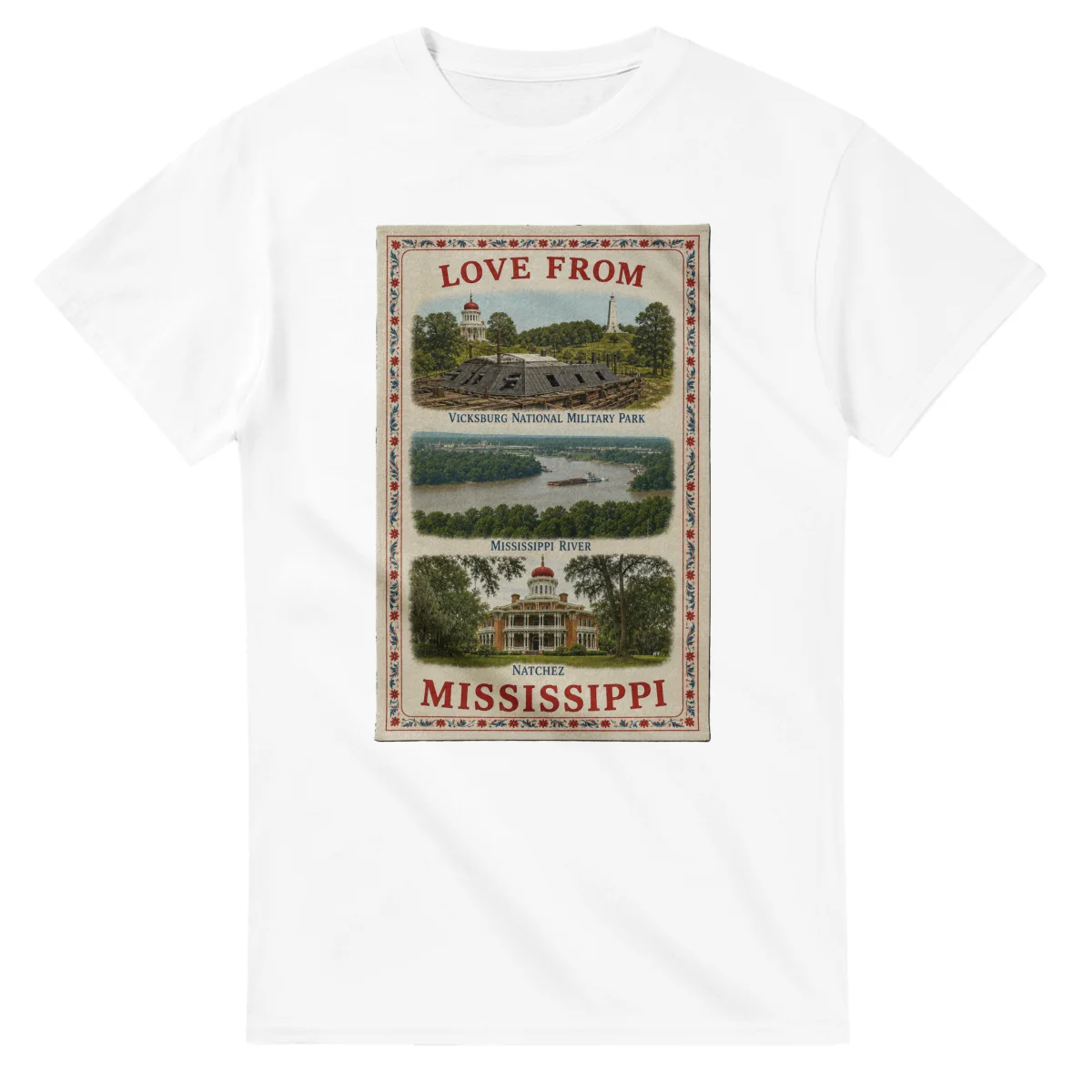 Framed scenic design for Mississippi, with several local views, a decorative border and LOVE FROM lettering.
