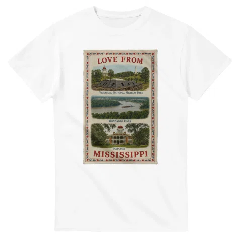Framed scenic design for Mississippi, with several local views, a decorative border and LOVE FROM lettering.