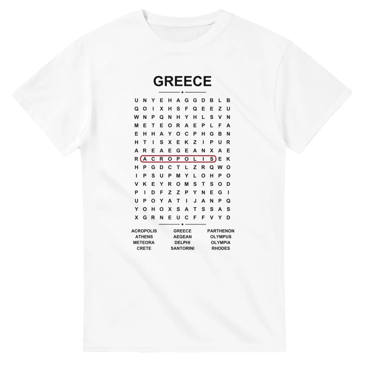 Word-search sheet for Greece, with a large place-name heading, a letter grid, a local answer list, and a red highlighted example word.