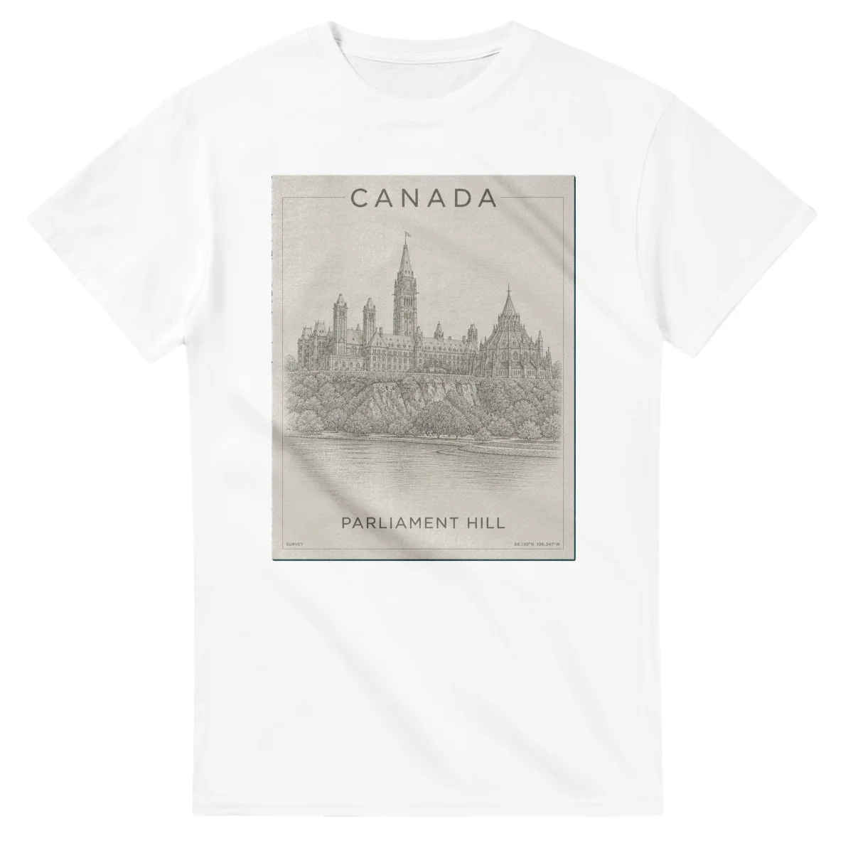 Fine-line engraving-style drawing for Canada, with a landmark caption and small coordinate text.
