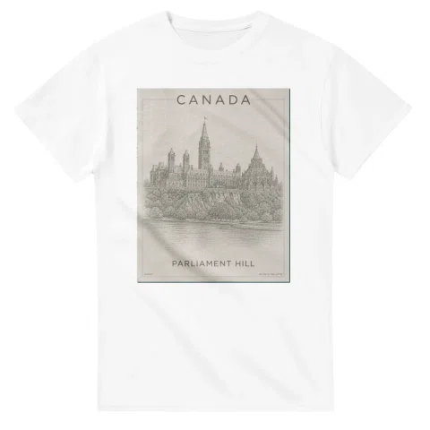 Fine-line engraving-style drawing for Canada, with a landmark caption and small coordinate text.