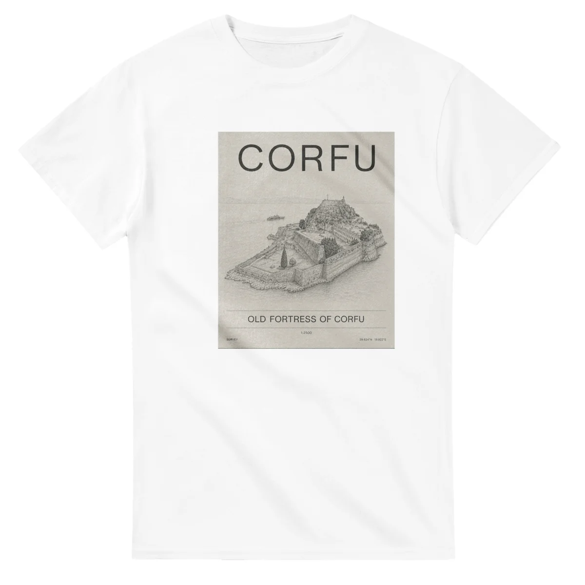 Fine-line engraving-style drawing for Corfu, with a landmark caption and small coordinate text.