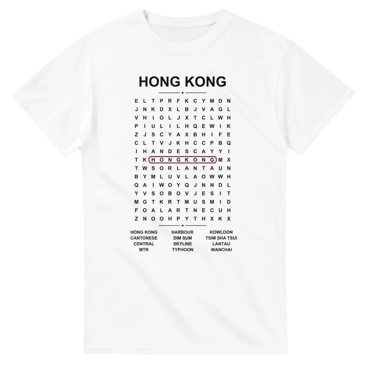 Word-search sheet for Hong Kong, with a large place-name heading, a letter grid, a local answer list, and a red highlighted example word.
