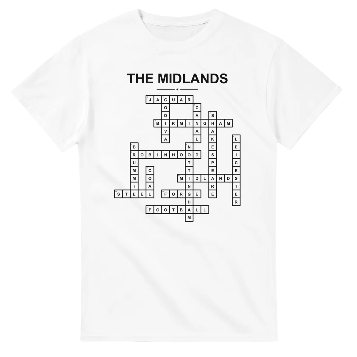 Monochrome crossword sheet for The Midlands, with a large place-name heading, a letter grid, and numbered across and down clues.