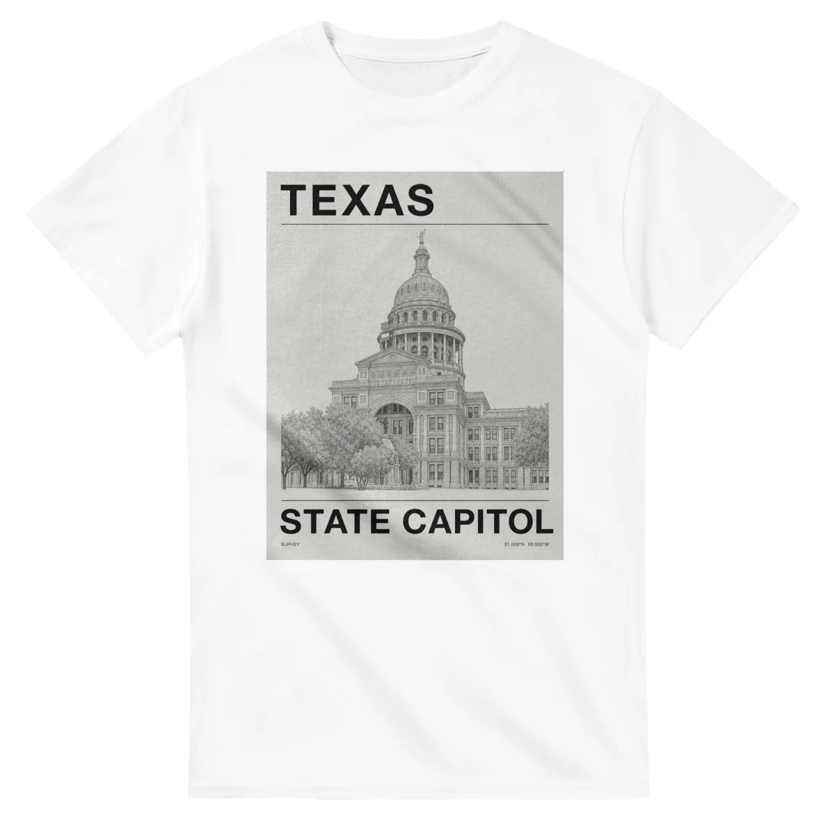 Fine-line engraving-style drawing for Texas, with a landmark caption and small coordinate text.