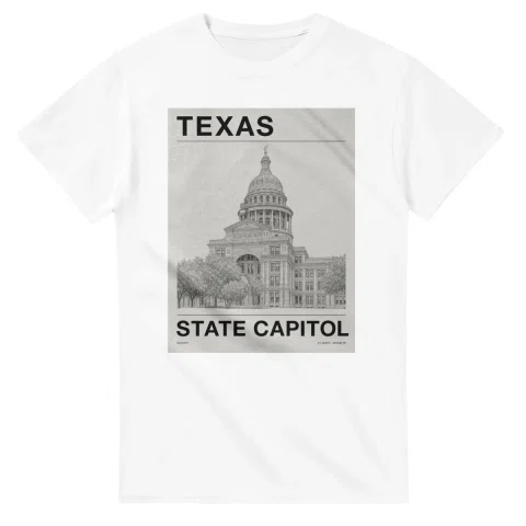 Fine-line engraving-style drawing for Texas, with a landmark caption and small coordinate text.