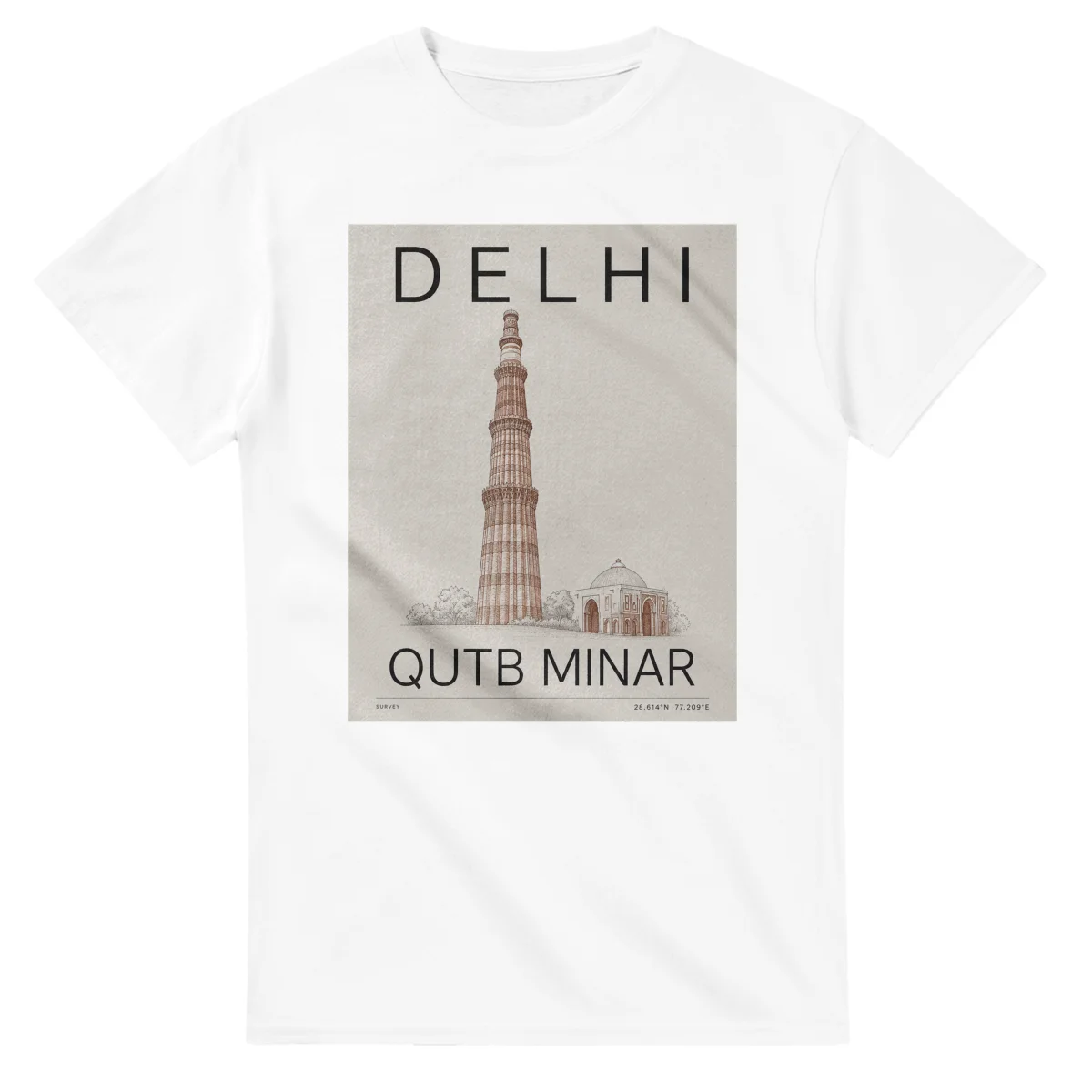 Fine-line engraving-style drawing for Delhi, with a landmark caption and small coordinate text.